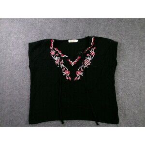 AZZ Top Womens L Black Embroidered V-Neck Tie Peasant Boho Short Sleeve Soft